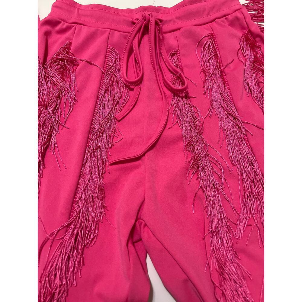 Women's Boho Drawstring Waist Long Fringe Tassel Pants Pink Size S - Picture 3 of 13